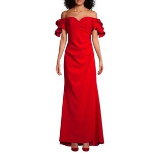 Badgley Mischka Red Off-Shoulder Ruffle-Sleeve Maxi Gown